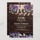 Invitation 100e anniversaire Rustic String lumière violet Flo (Devant / Derrière)