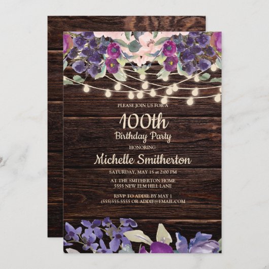 Invitation 100e anniversaire Rustic String lumière violet Flo (Devant / Derrière)