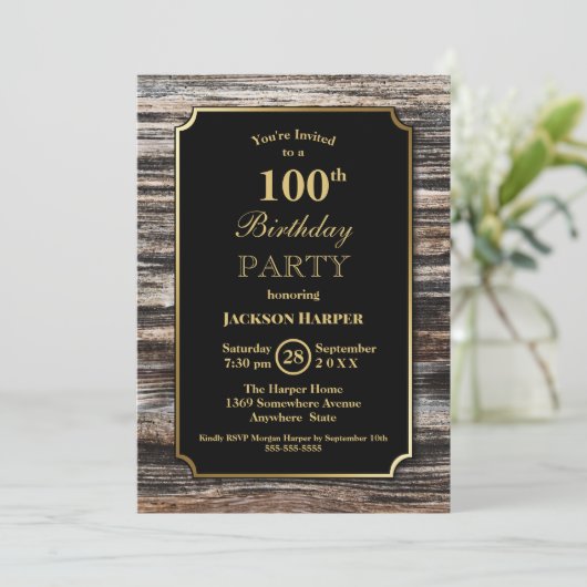 Invitation 100e anniversaire Rustic Wood Party (Debout devant)