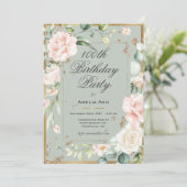 Invitation 100e anniversaire Sage Vert or Aquarelle Florale  (Debout devant)