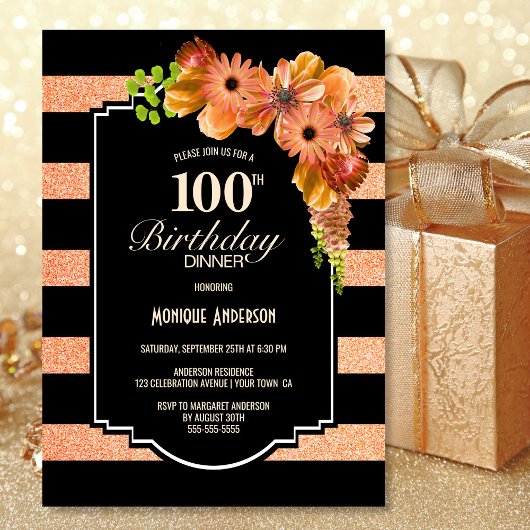 Invitation 100e anniversaire Soirée florale orange rayée