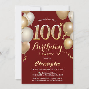 Invitation 100e anniversaire Sombre Rouge et Or Ballons Confe
