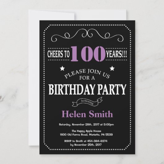 Invitation 100e Anniversaire Tableau Noir et Violet (Devant)