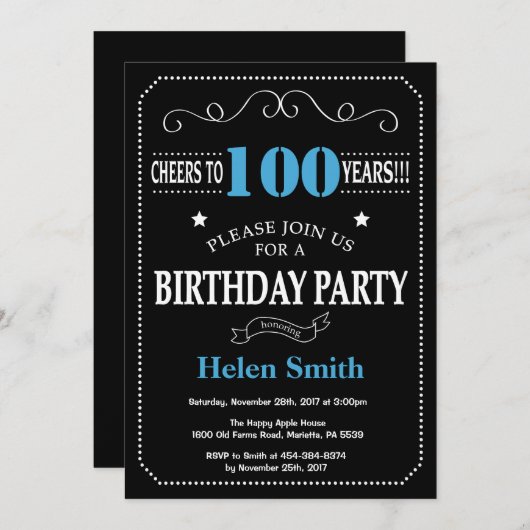 Invitation 100e anniversaire Tableau noir noir ble (Devant / Derrière)