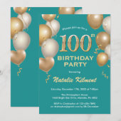 Invitation 100e anniversaire Turquoise et or Parties scintill (Devant / Derrière)