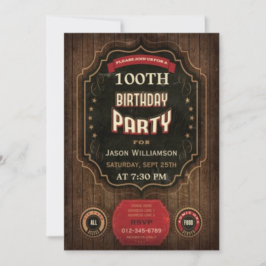 Invitation 100e anniversaire Vintage Chalkboard & Wood (Devant)