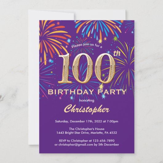 Invitation 100e anniversaire violet et or arc-en-ciel feux (Devant)