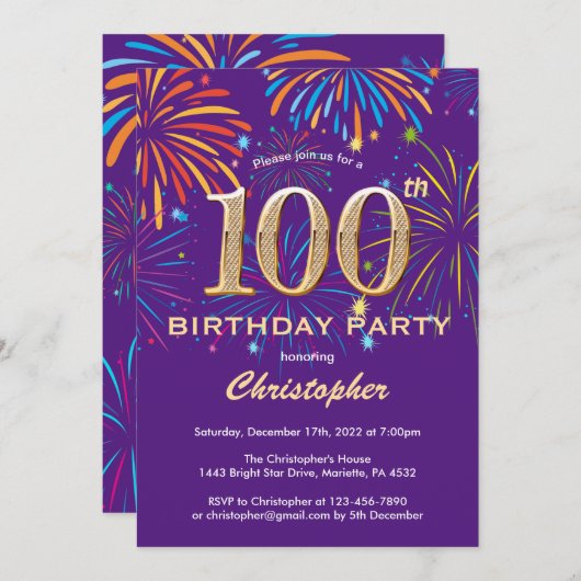 Invitation 100e anniversaire violet et or arc-en-ciel feux (Devant / Derrière)