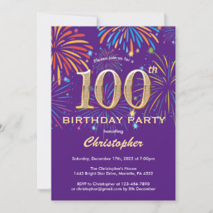 Invitation 100e anniversaire violet et or arc-en-ciel feux