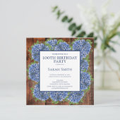 Invitation 100e anniversaire Wood Blue Hydrangeas Rustic Part (Debout devant)