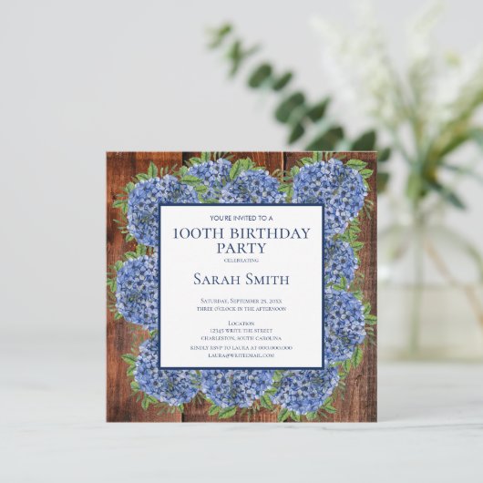 Invitation 100e anniversaire Wood Blue Hydrangeas Rustic Part (Debout devant)