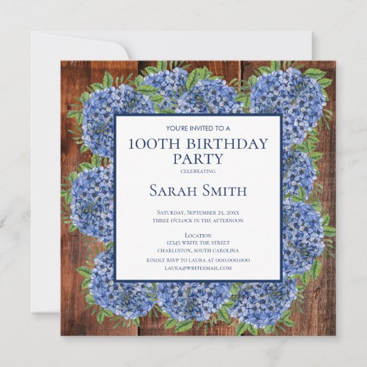 Invitation 100e anniversaire Wood Blue Hydrangeas Rustic Part (Devant)