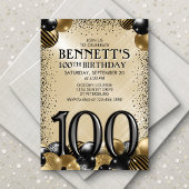 Invitation 100e Ballons Black Gold Anniversaire