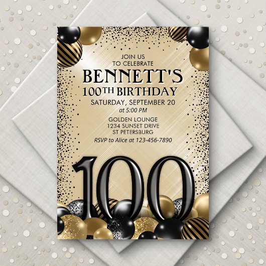 Invitation 100e Ballons Black Gold Anniversaire