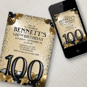 Invitation 100e Ballons Black Gold Anniversaire