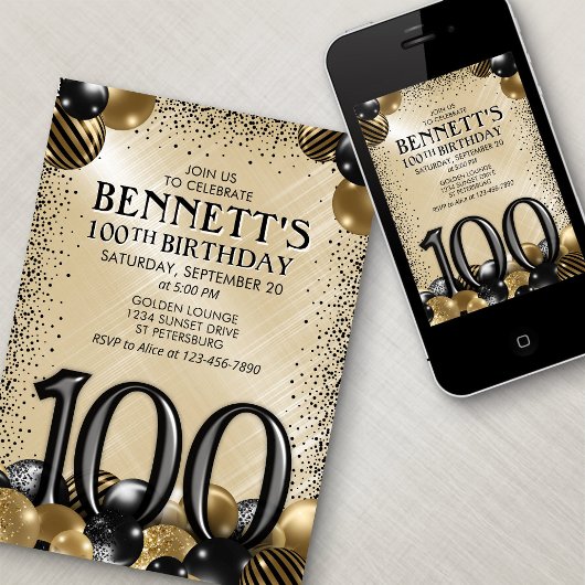 Invitation 100e Ballons Black Gold Anniversaire