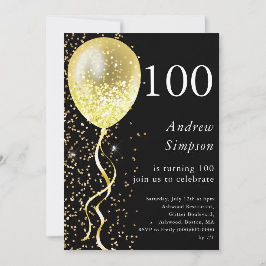 Invitation 100e | Black & Gold Parties scintillant Balloon An (Devant)