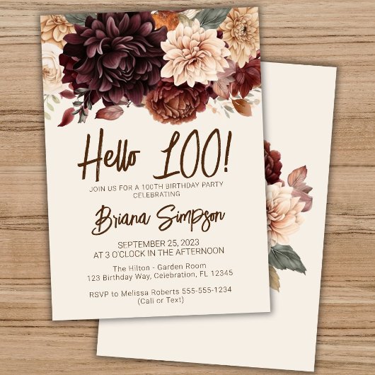 Invitation 100e fête d'anniversaire Brown Beige Ivory Floral