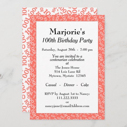 Invitation 100e fête d'anniversaire Coral/Motif numérique bla (Devant / Derrière)