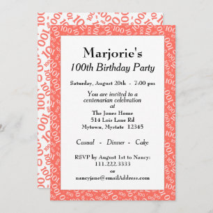 Invitation 100e fête d'anniversaire Coral/Motif numérique bla