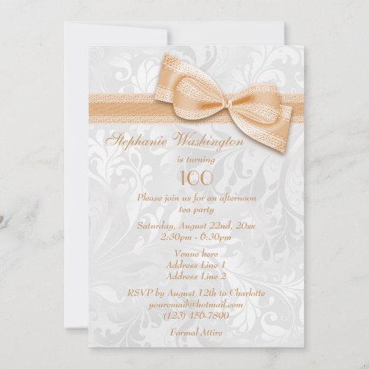 Invitation 100e fête d'anniversaire Damask et Faux Bow (Dos)