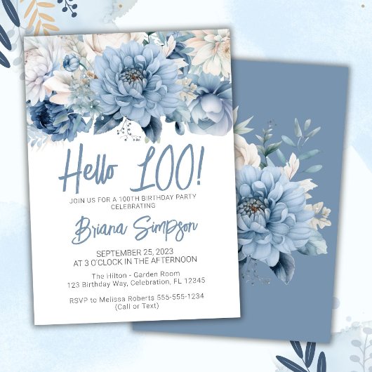 Invitation 100e fête d'anniversaire Dusty Blue Floral