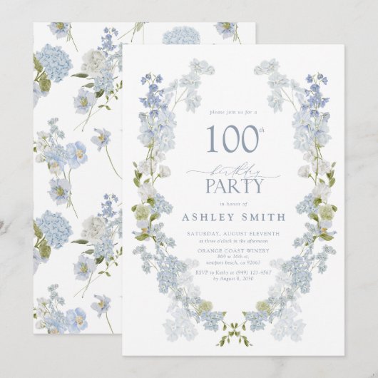 Invitation 100e fête d'anniversaire Elégant Dusty Blue Floral (Devant / Derrière)