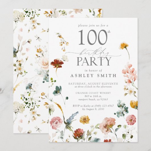 Invitation 100e fête d'anniversaire Elégant Floral Blush Pink (Devant / Derrière)