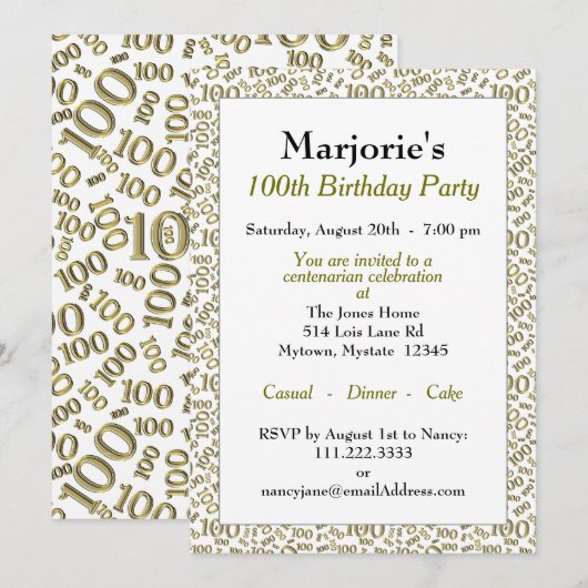 Invitation 100e fête d'anniversaire Gold/Motif de numéro blan (Devant / Derrière)