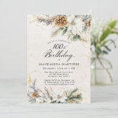 Invitation 100e fête d'anniversaire Hiver Blanc Floral vert (Debout devant)