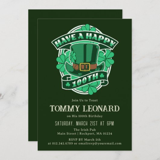 Invitation 100e fête d'anniversaire Leprechaun Casquette Sham (Devant / Derrière)