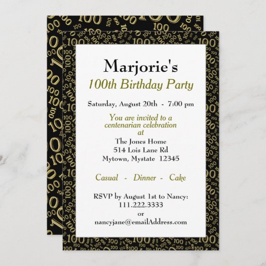 Invitation 100e fête d'anniversaire Noir / Motif de numéro d' (Devant / Derrière)