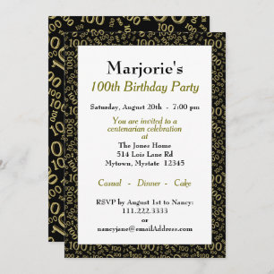 Invitation 100e fête d'anniversaire Noir / Motif de numéro d'