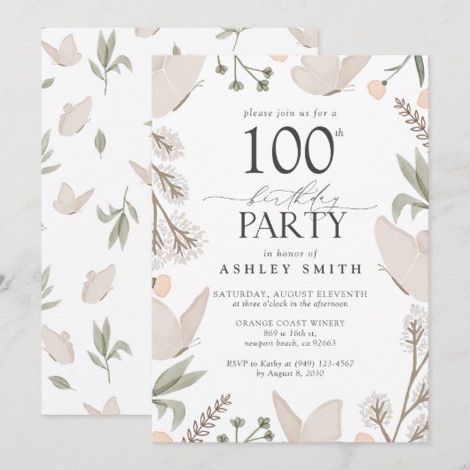 Invitation 100e fête d'anniversaire papillons Floral Neutral (Devant / Derrière)