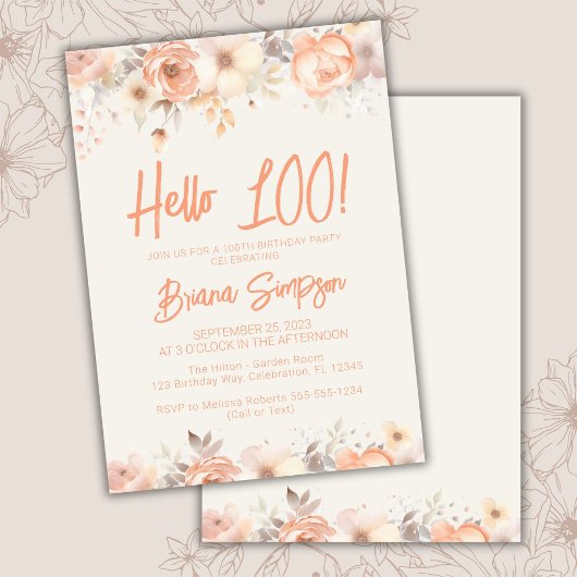 Invitation 100e fête d'anniversaire Pêche Beige Ivory Floral