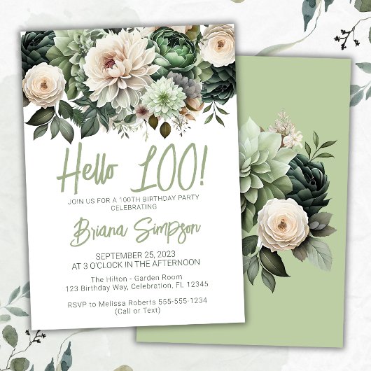Invitation 100e fête d'anniversaire Sage Green Floral