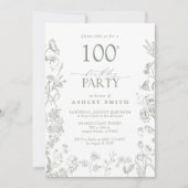 Invitation 100e fête d'anniversaire Sage Green Floral victori (Devant)