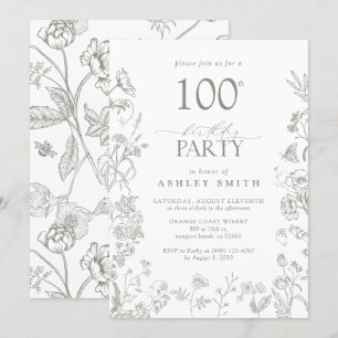 Invitation 100e fête d'anniversaire Sage Green Floral victori