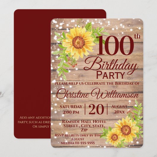 Invitation 100e fête d'anniversaire Tournesol floral rustique (Devant / Derrière)