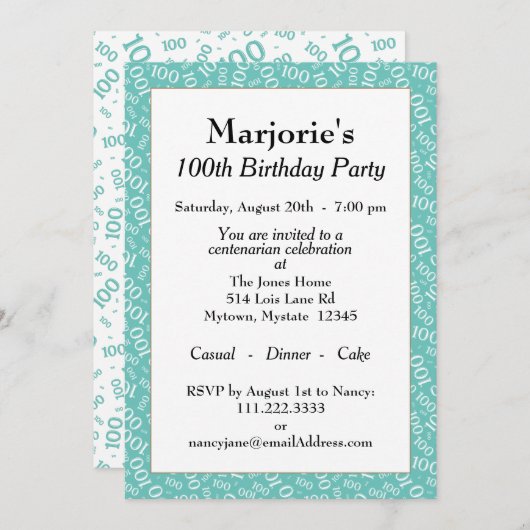Invitation 100e fête d'anniversaire Turquoise/Motif numérique (Devant / Derrière)