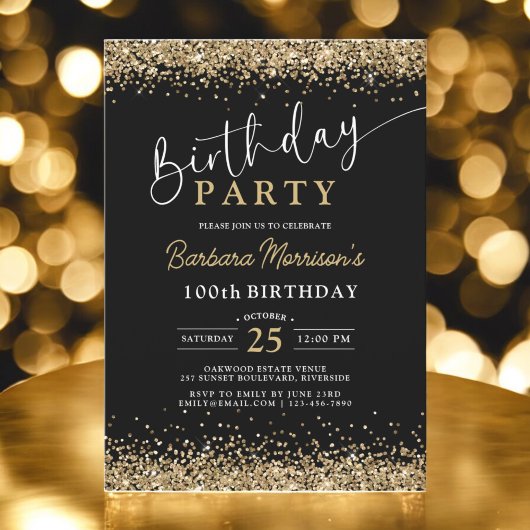 Invitation 100e Parties scintillant d'or noir Anniversaire n'