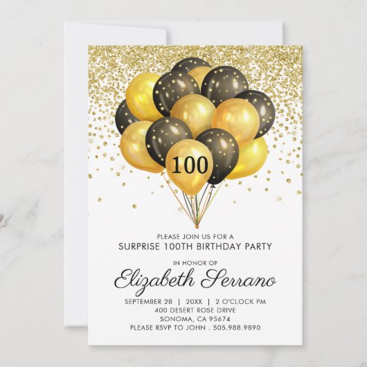 Invitation 100e Parties scintillant d'or noir pour la fête d' (Devant)