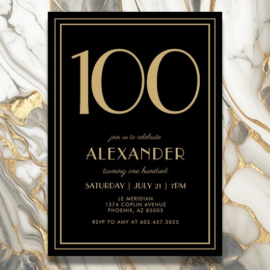 Invitation 100th Birthday Black and Gold Modern Minimal Adult