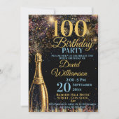 Invitation 100th Birthday Bubbly Fireworks Gold Blue (Devant)