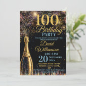 Invitation 100th Birthday Bubbly Fireworks Gold Blue (Debout devant)