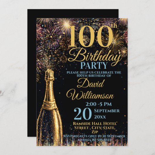 Invitation 100th Birthday Bubbly Fireworks Gold Blue (Devant / Derrière)