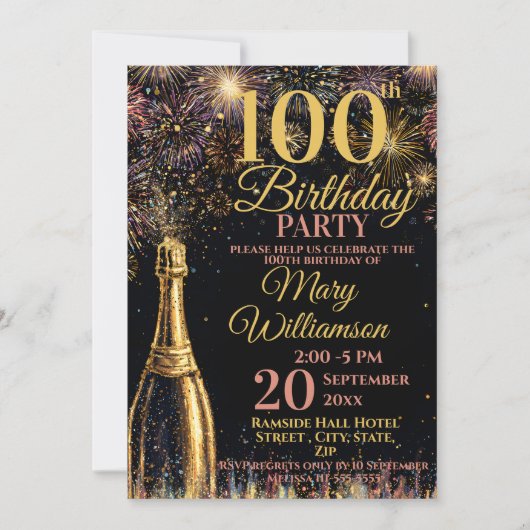 Invitation 100th Birthday Bubbly Fireworks Gold Pink (Devant)