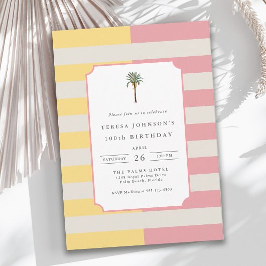 Invitation 100th Birthday Palm Beach Pastel Stripe Tropical