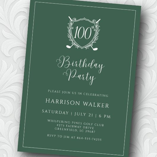 Invitation 100th Birthday Party Golf Crest Elegant Script
