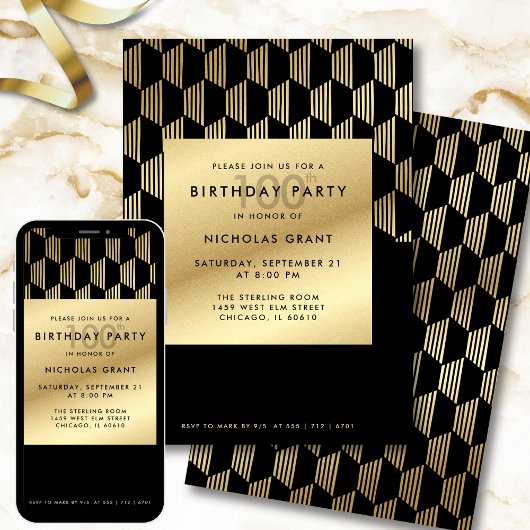 Invitation 100th Birthday Party Modern Black and Gold Foil